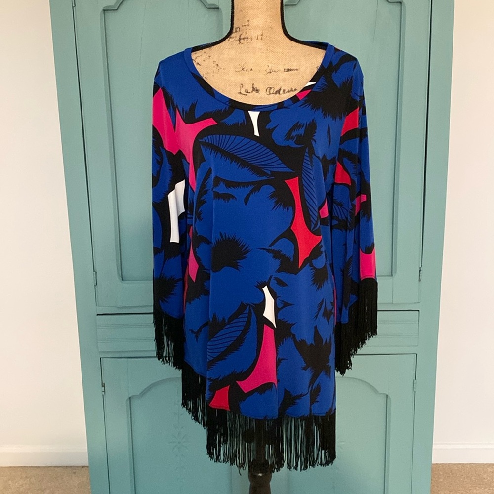 Carmen Marc Valvo Fringe Detail Dress. XL. Vibrant Print